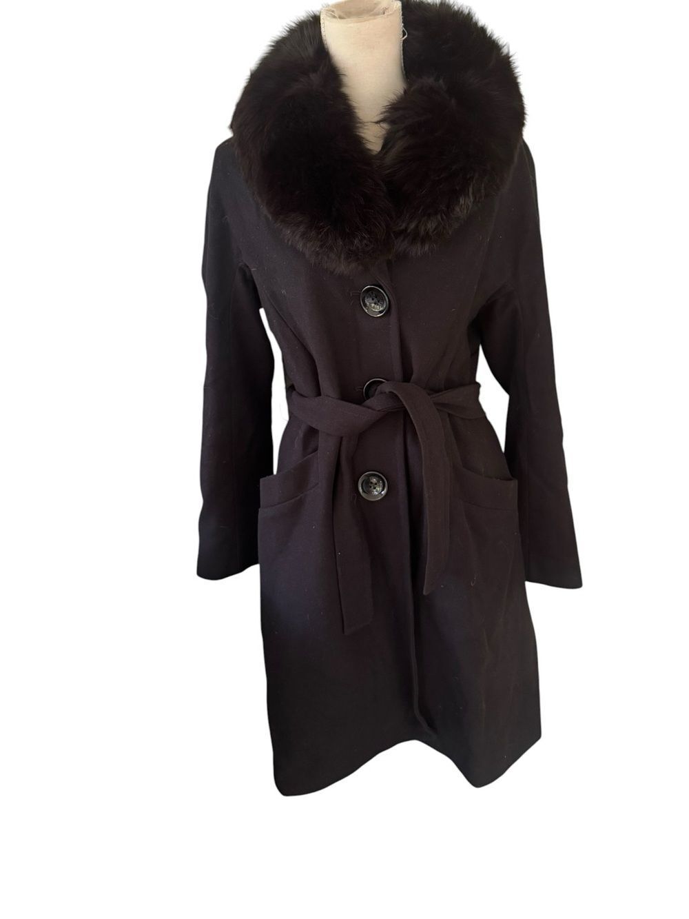 Michael Kors Faux Fur Trim Wool Blend Coat Black 12